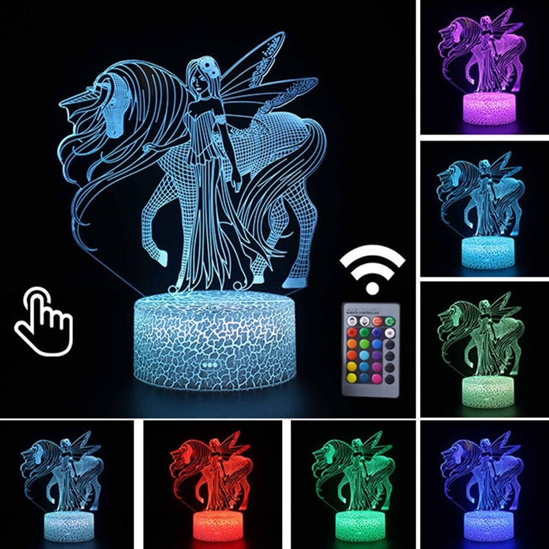 Luminária Abajur LED Unicórnio e Princesa Multicolorido Lanterna 3D Decorativo