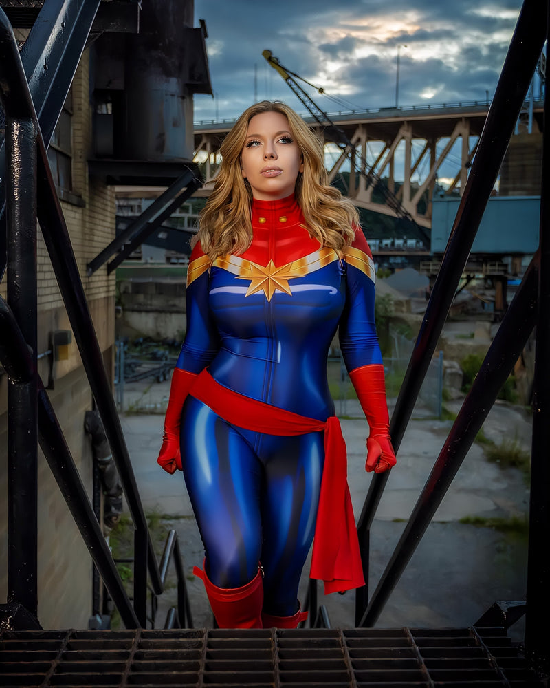Fantasia Capitã Marvel Vingadores Cosplay Feminino Luxo Traje Profissi