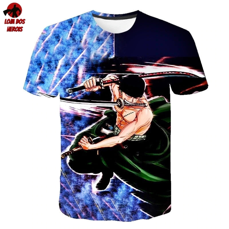 Camisa Camiseta Impressão 3D Full One Piece Anime Batalha Roronoa Zoro