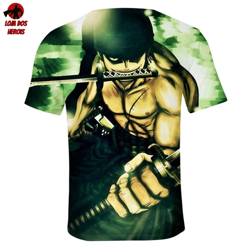 Camisa Camiseta Impressão 3D Full One Piece Anime Zoro Estilo Três Espadas