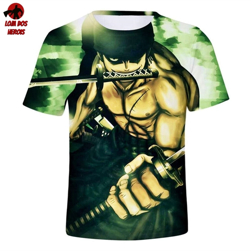 Camisa Camiseta Impressão 3D Full One Piece Anime Zoro Estilo Três Espadas
