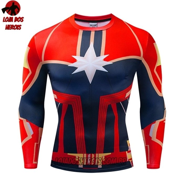 Camisa/Camiseta Hash Guard Capitã Marvel Alternativa Manga Compressão Segunda Pele