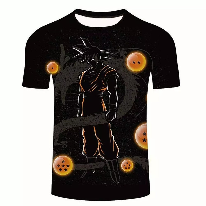 Camisa Camiseta Impressão 3D Goku e Esferas Dragon Ball Z Estilo Clássico
