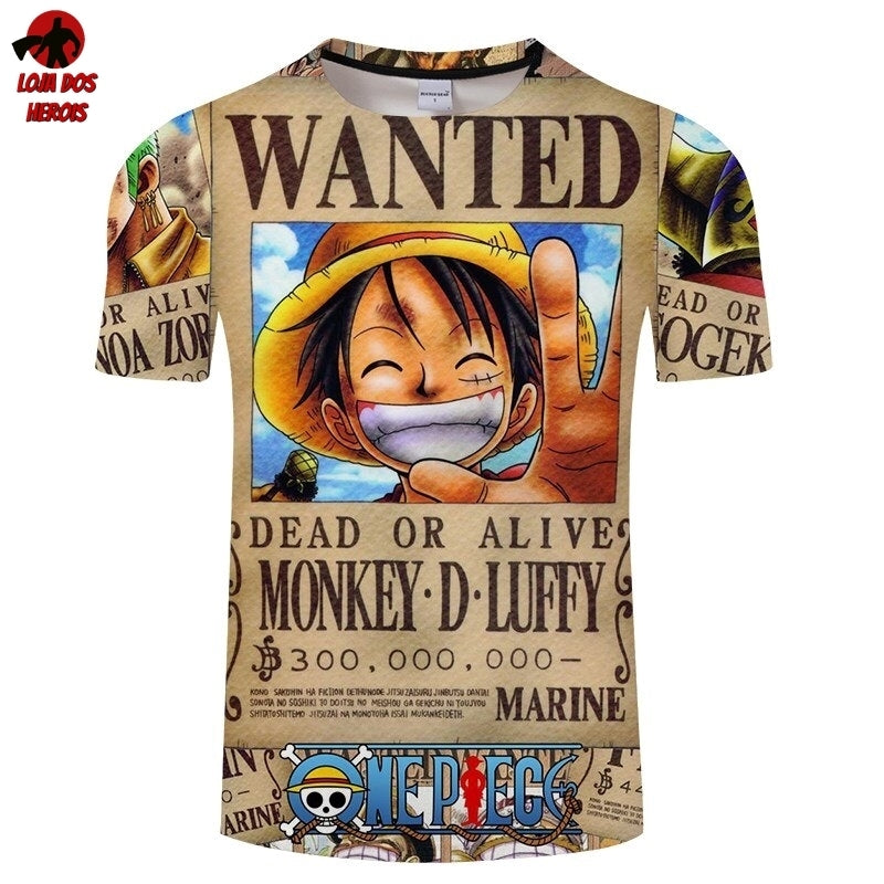 Camisa Camiseta Impressão 3D Full One Piece Anime Luffy Wanted