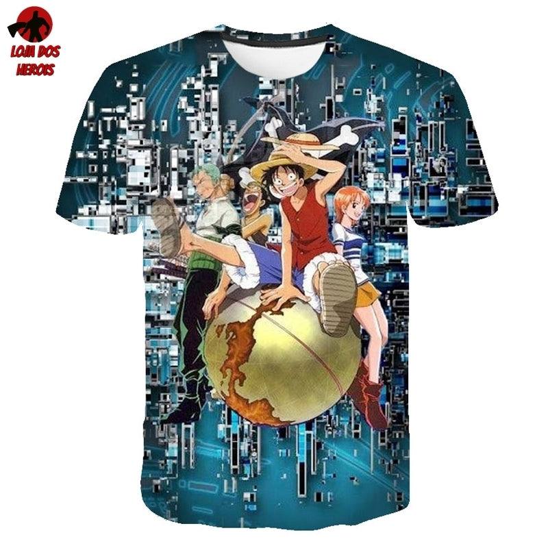 Camisa Camiseta Impressão 3D Full One Piece Anime Bando Chapéu De Palha