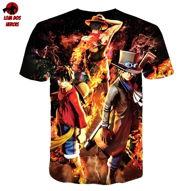 Camisa Camiseta Impressão 3D Full One Piece Anime Luffy Ace e Sabo