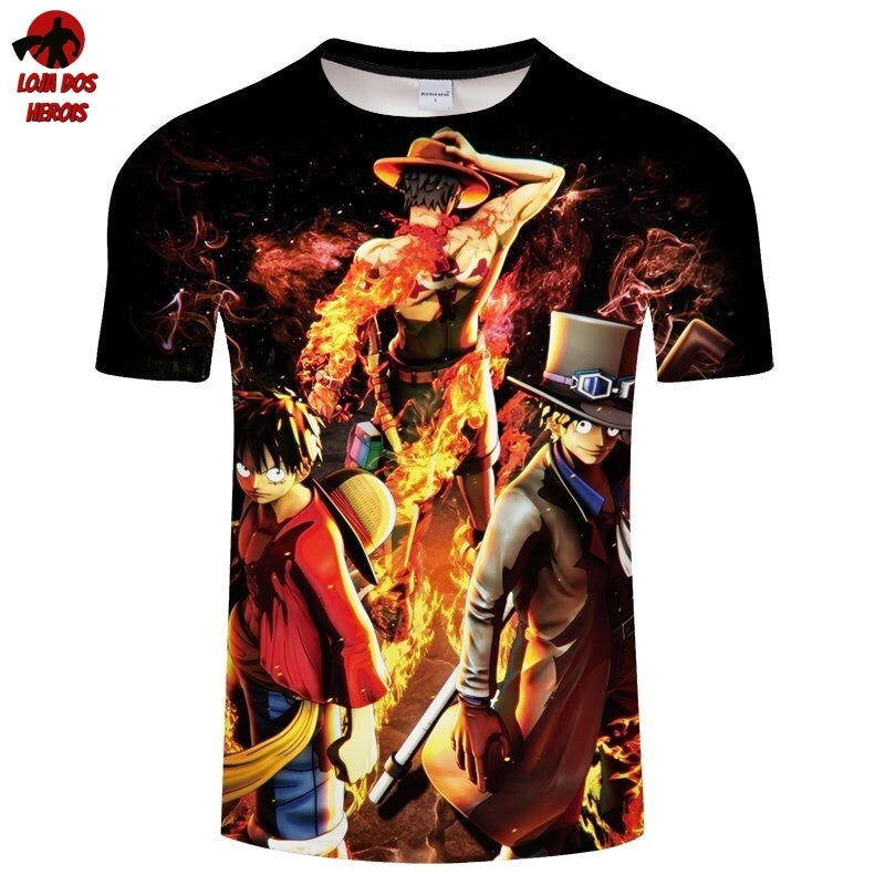 Camisa Camiseta Impressão 3D Full One Piece Anime Luffy Ace e Sabo