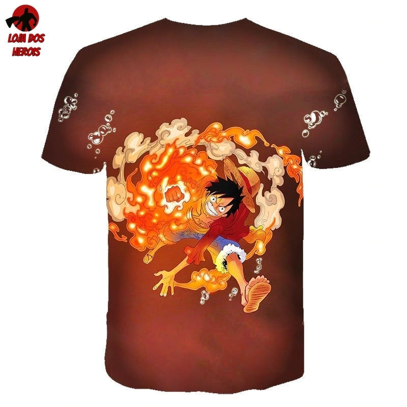 Camisa Camiseta Impressão 3D Full One Piece Anime Luffy Punho Com Fogo