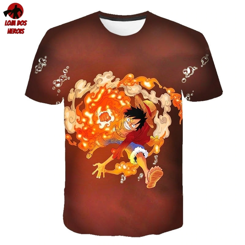 Camisa Camiseta Impressão 3D Full One Piece Anime Luffy Punho Com Fogo