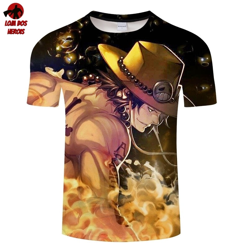 Camisa Camiseta Impressão 3D Full One Piece Anime Punhos De Fogo Ace