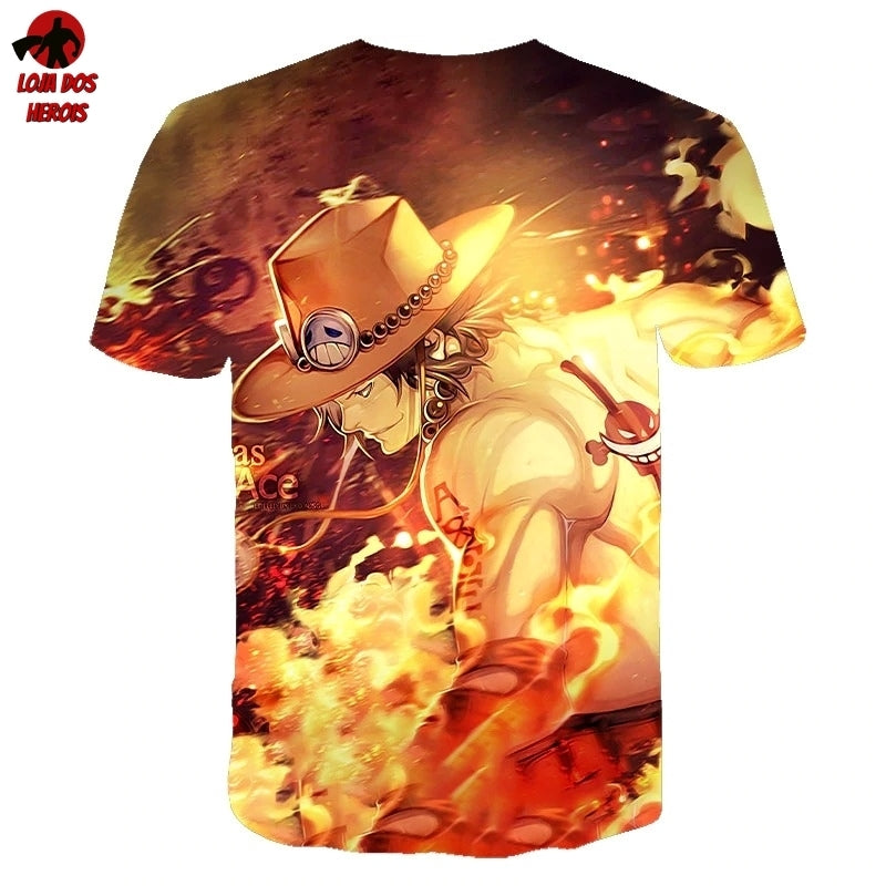 Camisa Camiseta Impressão 3D Full One Piece Anime Ace Punhos De Fogo