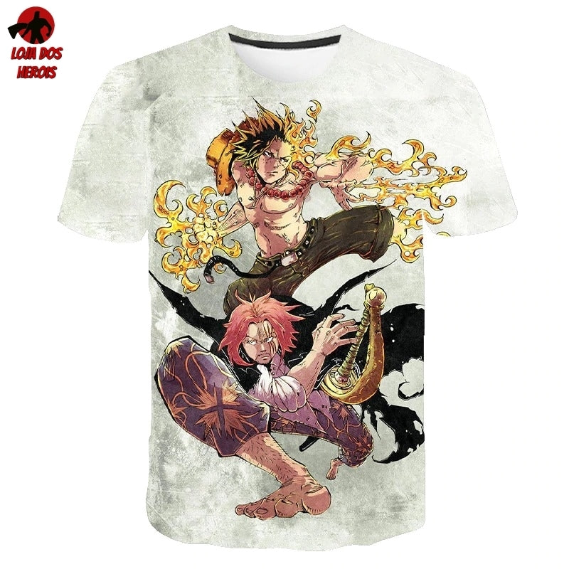Camisa Camiseta Impressão 3D Full One Piece Anime Ace E Shanks