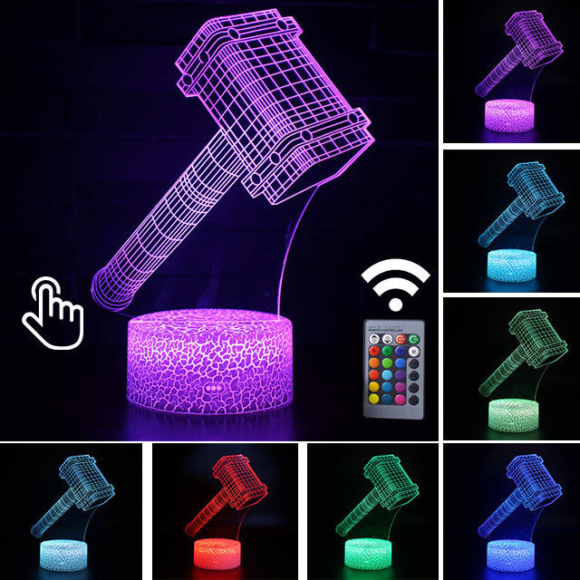 Luminária Abajur LED Martelo Mjolnir Thor Multicolorido Lanterna 3D Decorativo