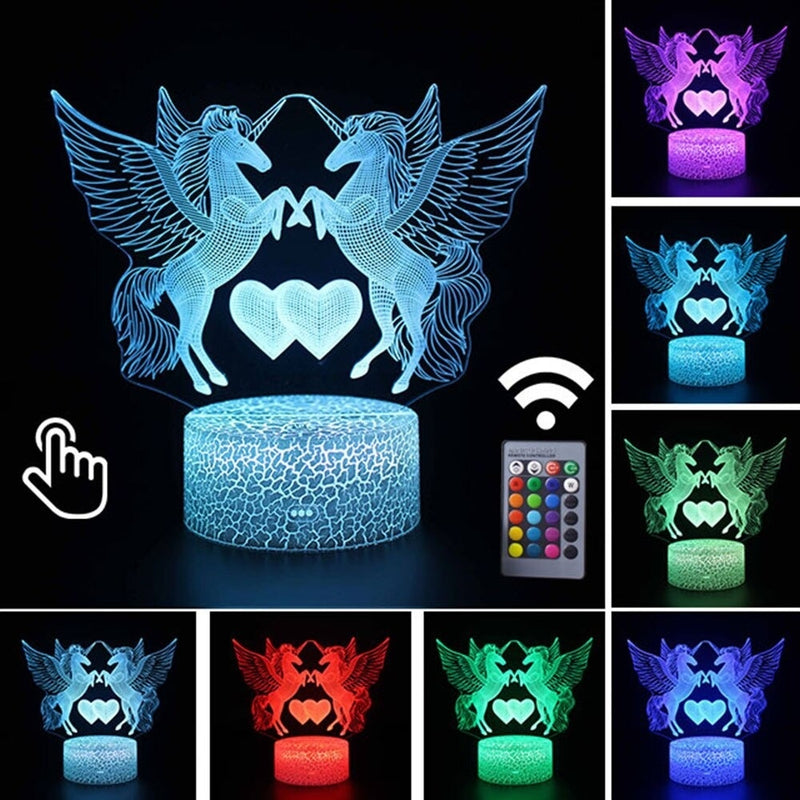 Luminária Abajur LED Unicórnios Apaixonados Multicolorido Lanterna 3D Decorativo