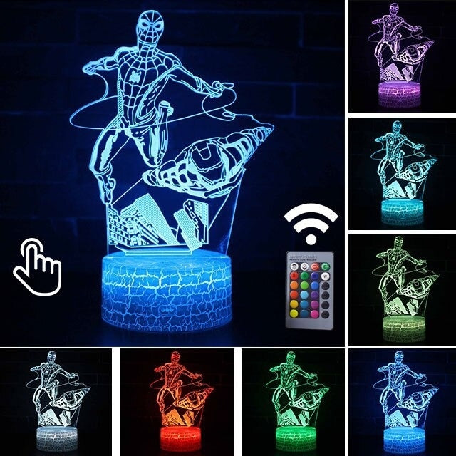 Luminária Abajur LED Homem Aranha e Homem De Ferro Multicolorido Lanterna 3D Decorativo