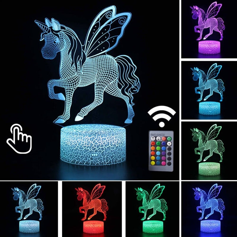 Luminária Abajur LED Unicórnio Com Asas Multicolorido Lanterna 3D Decorativo