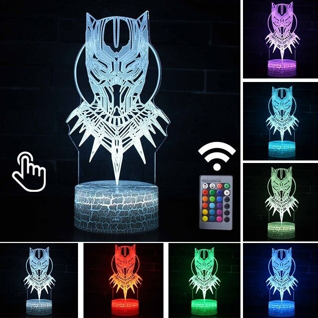 Luminária Abajur LED Pantera Negra Máscara Multicolorido Lanterna 3D Decorativo
