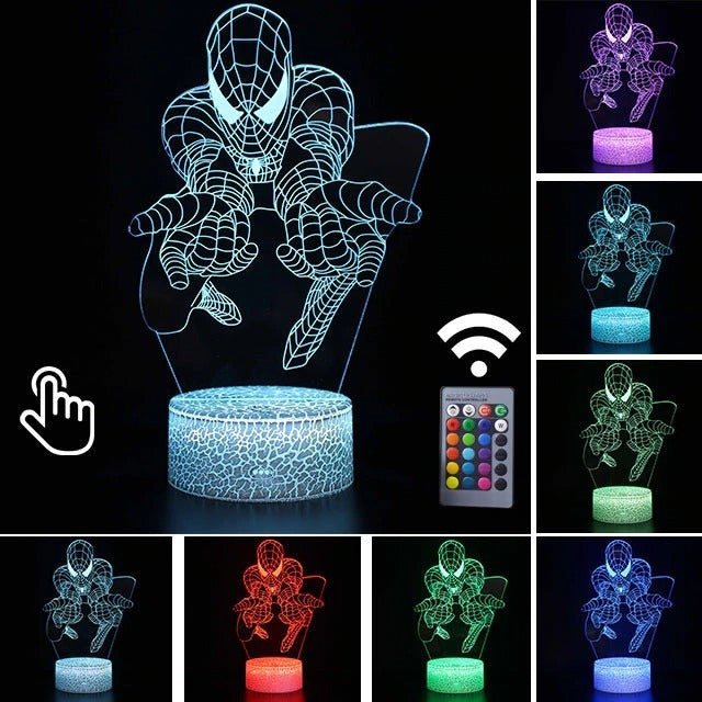 Luminária Abajur LED Homem Aranha Teias Multicolorido Lanterna 3D Decorativo