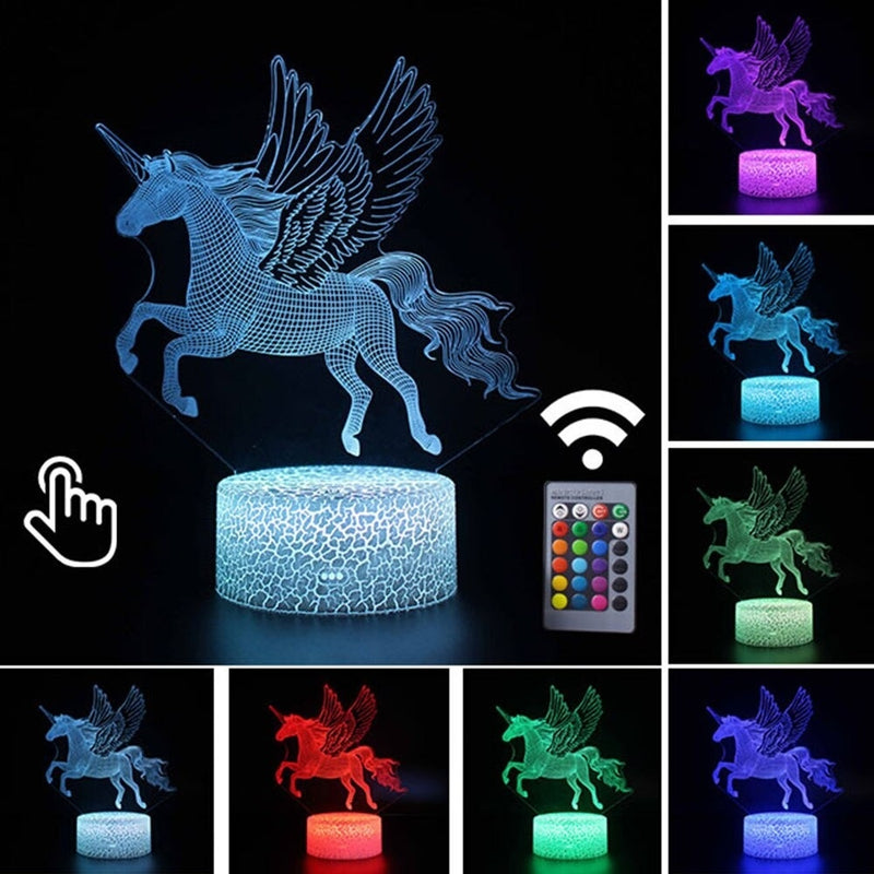 Luminária Abajur LED Unicórnio Voando Multicolorido Lanterna 3D Decorativo